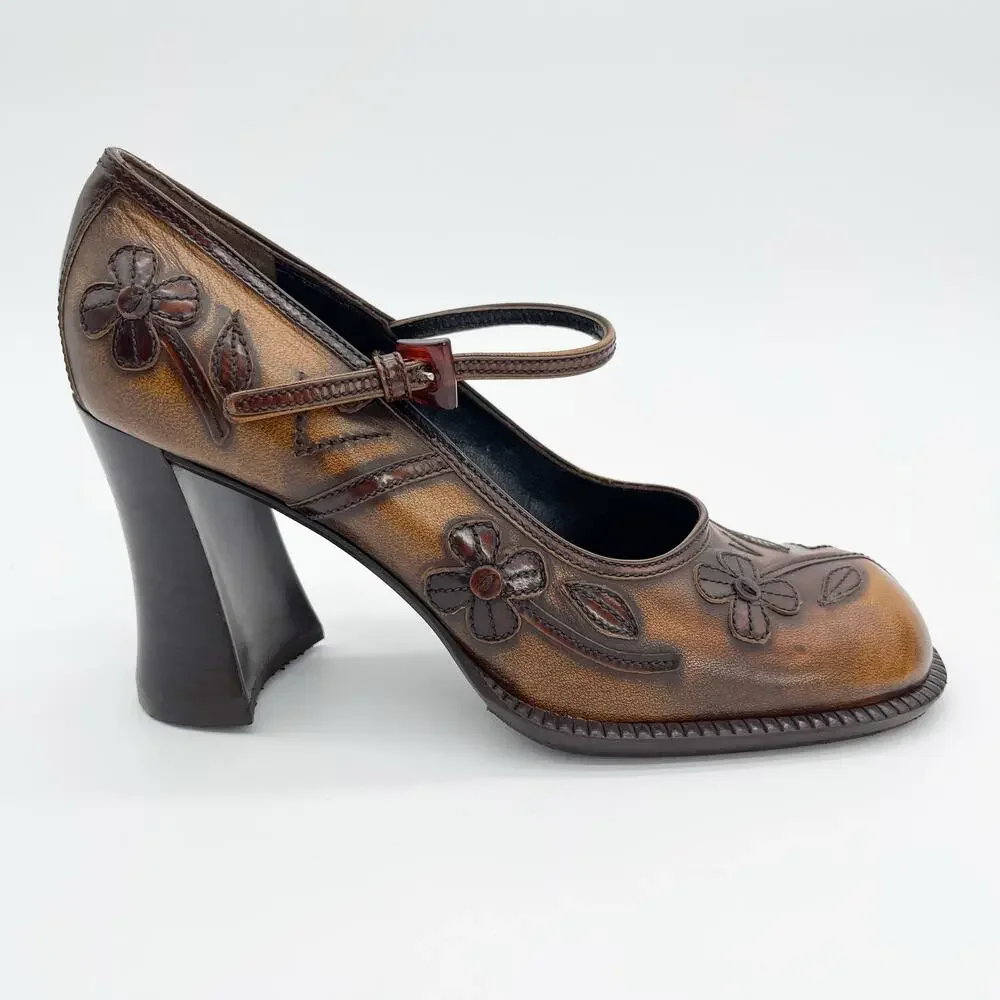 Prada Vintage 1996 Floral Appliqué Antiqued Leather Mary Jane Heels IT 38.5